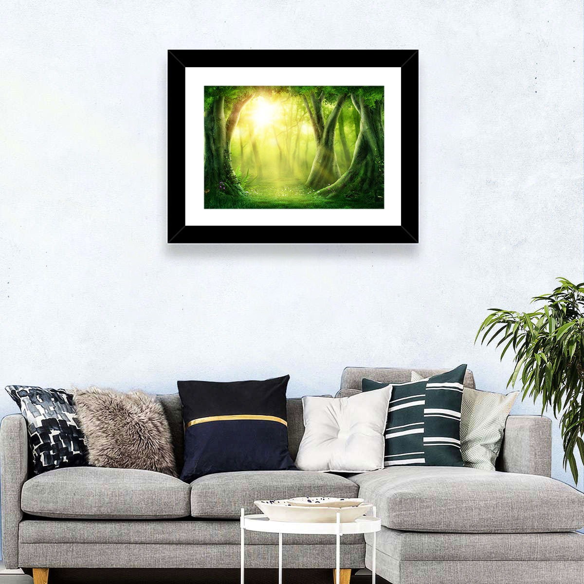 Enchanted Forest at Sunrise Wall Art in a room, landscape