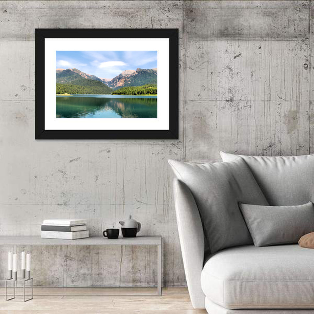 Mission Mountain Lake Reflection Wall Art in a room, landscape