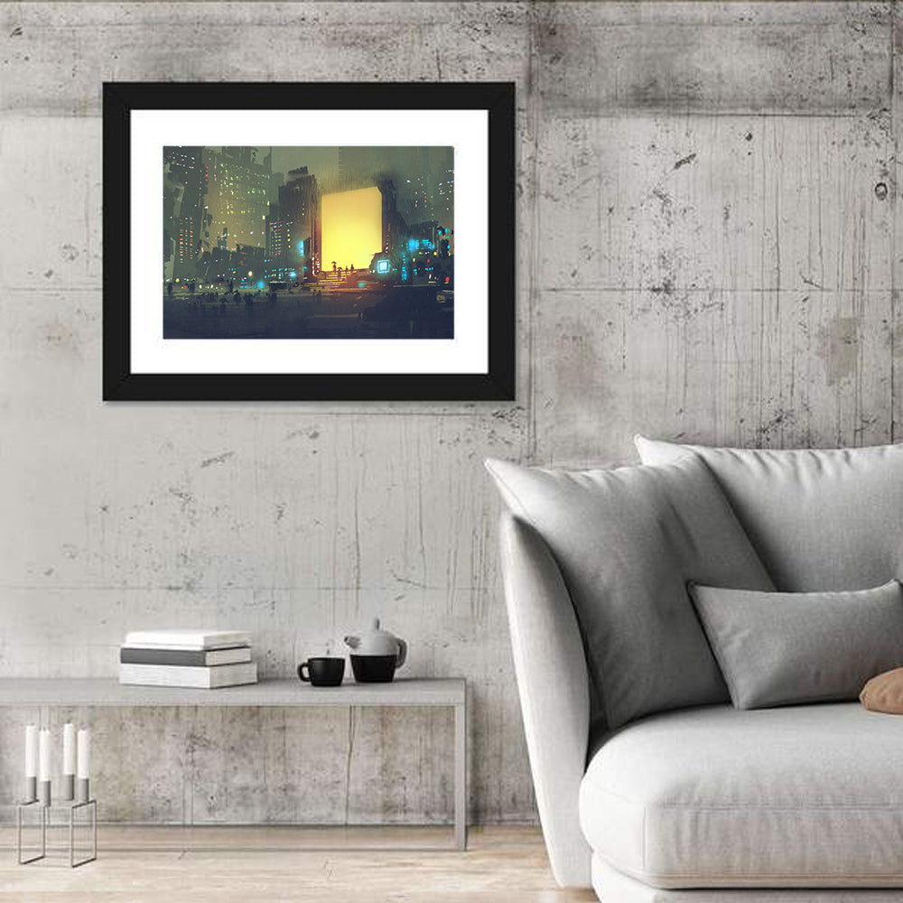 Rainy Night City with Glowing Portal Wall Art in a room, landscape