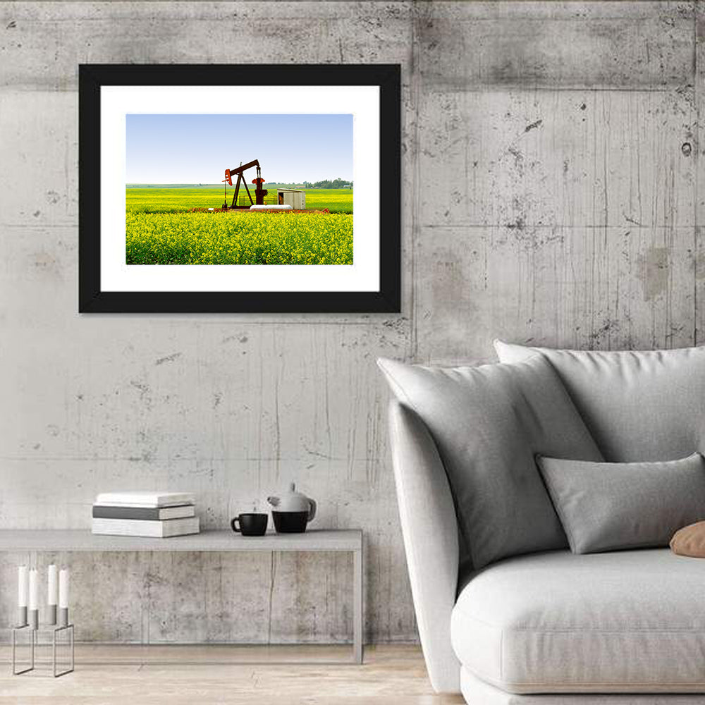 Rusty Pumpjack in Yellow Canola Field Wall Art in a room, landscape