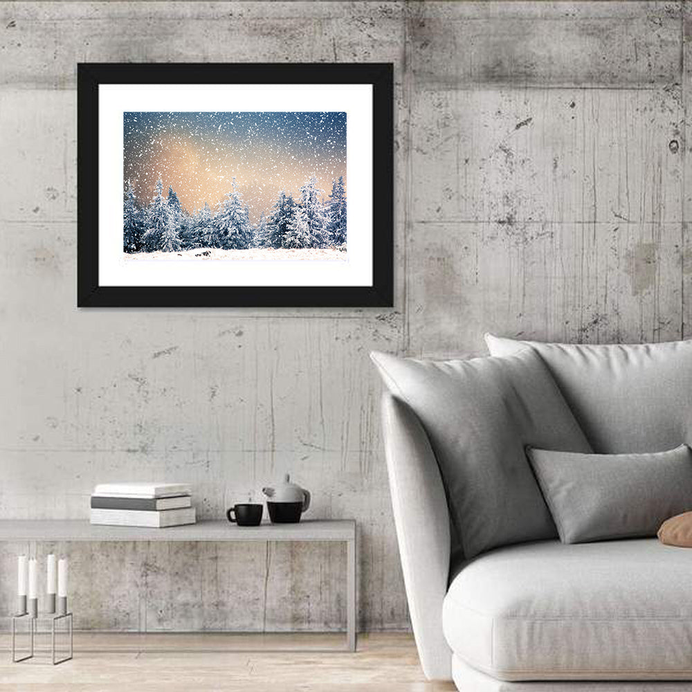 Winter Forest Wonderland Wall Art in a room, landscape