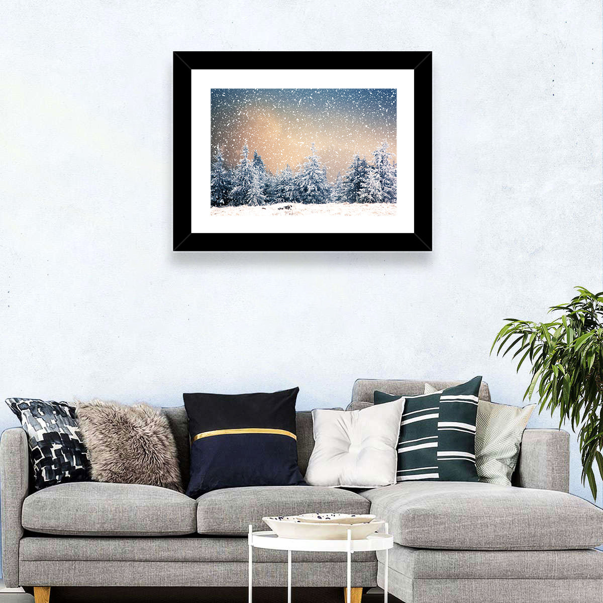 Winter Forest Wonderland Wall Art in a room, landscape