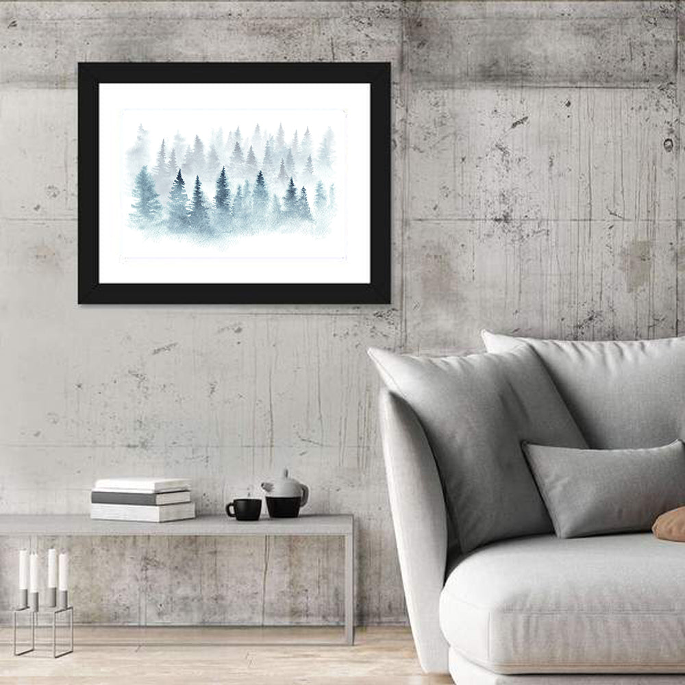 Misty Pine Forest Watercolor Wall Art in a room, landscape