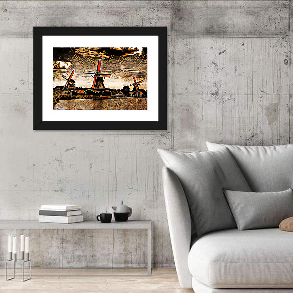 Retro Windmills at Sunset Wall Art in a room, landscape