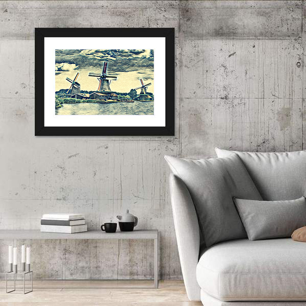 Three Vintage Windmills Wall Art in a room, landscape