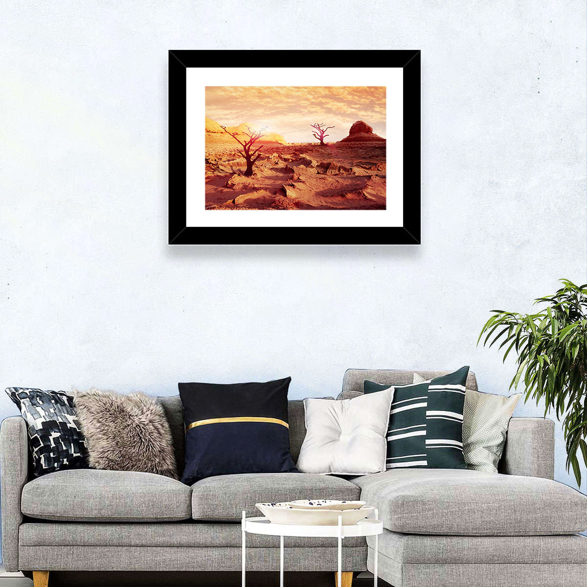 Gnarled Trees at Desert Sunset Wall Art in a room, landscape