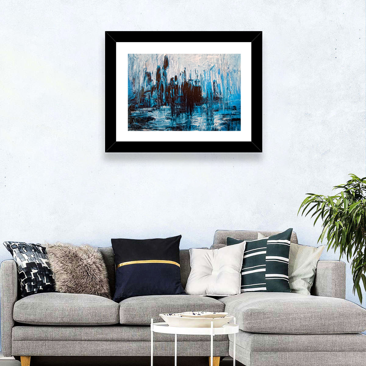 Rainy Abstract Skyline Reflection Wall Art in a room, landscape