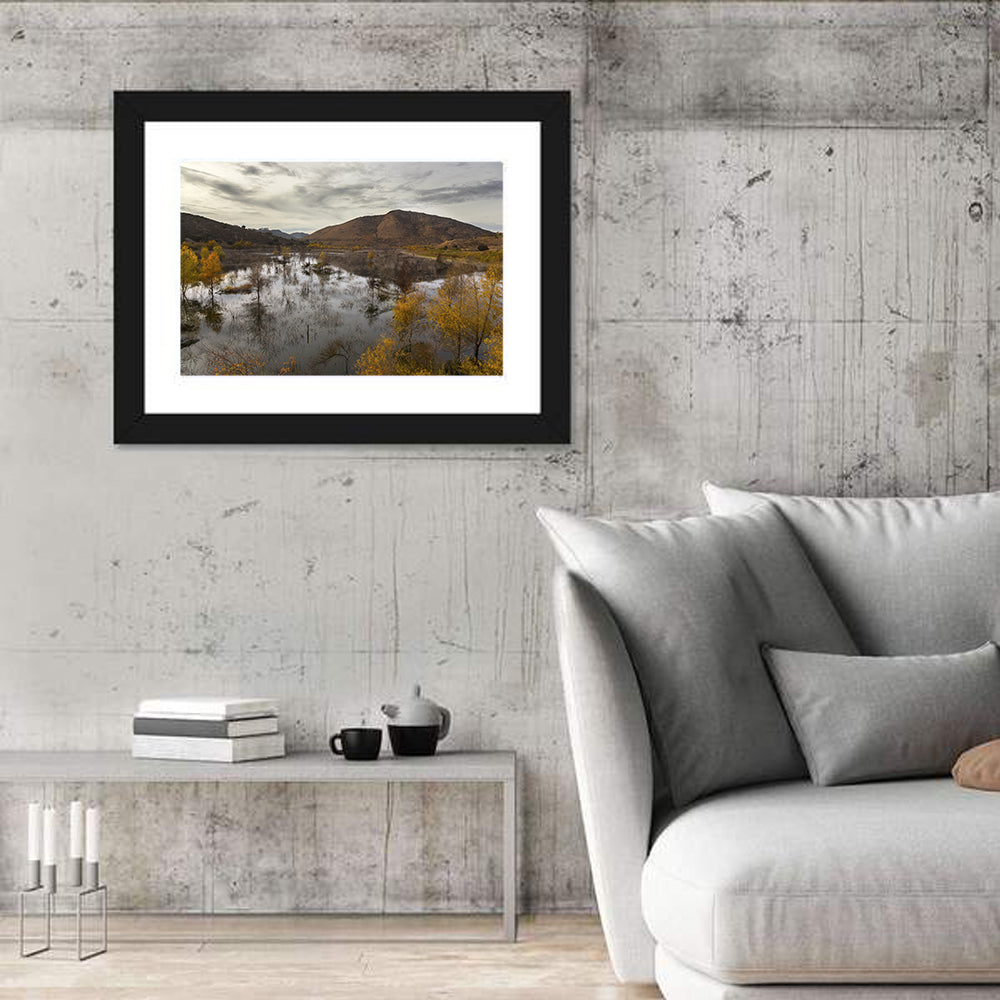 Lake Hodges Autumn Reflection Wall Art in a room, landscape