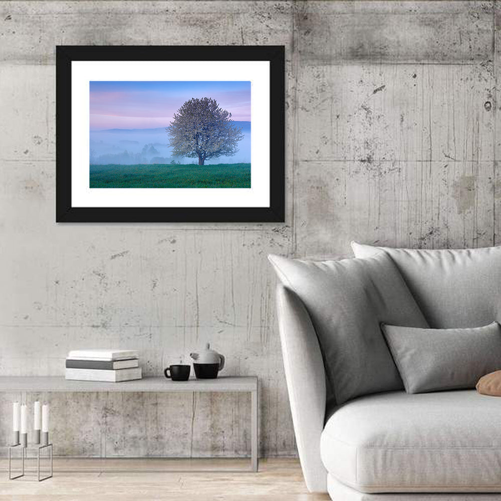 Misty Sumava Mountain Tree Wall Art in a room, landscape