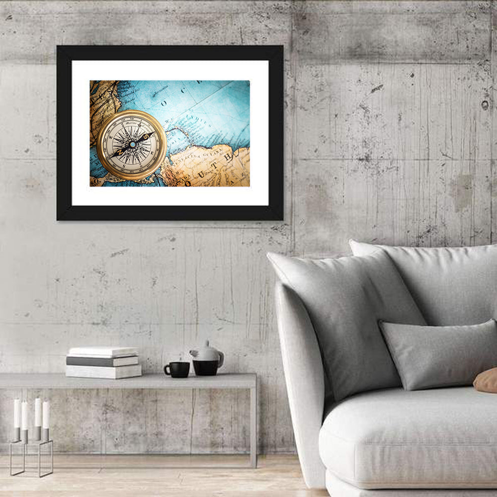 Vintage Compass Over Atlantic Map Wall Art in a room, landscape