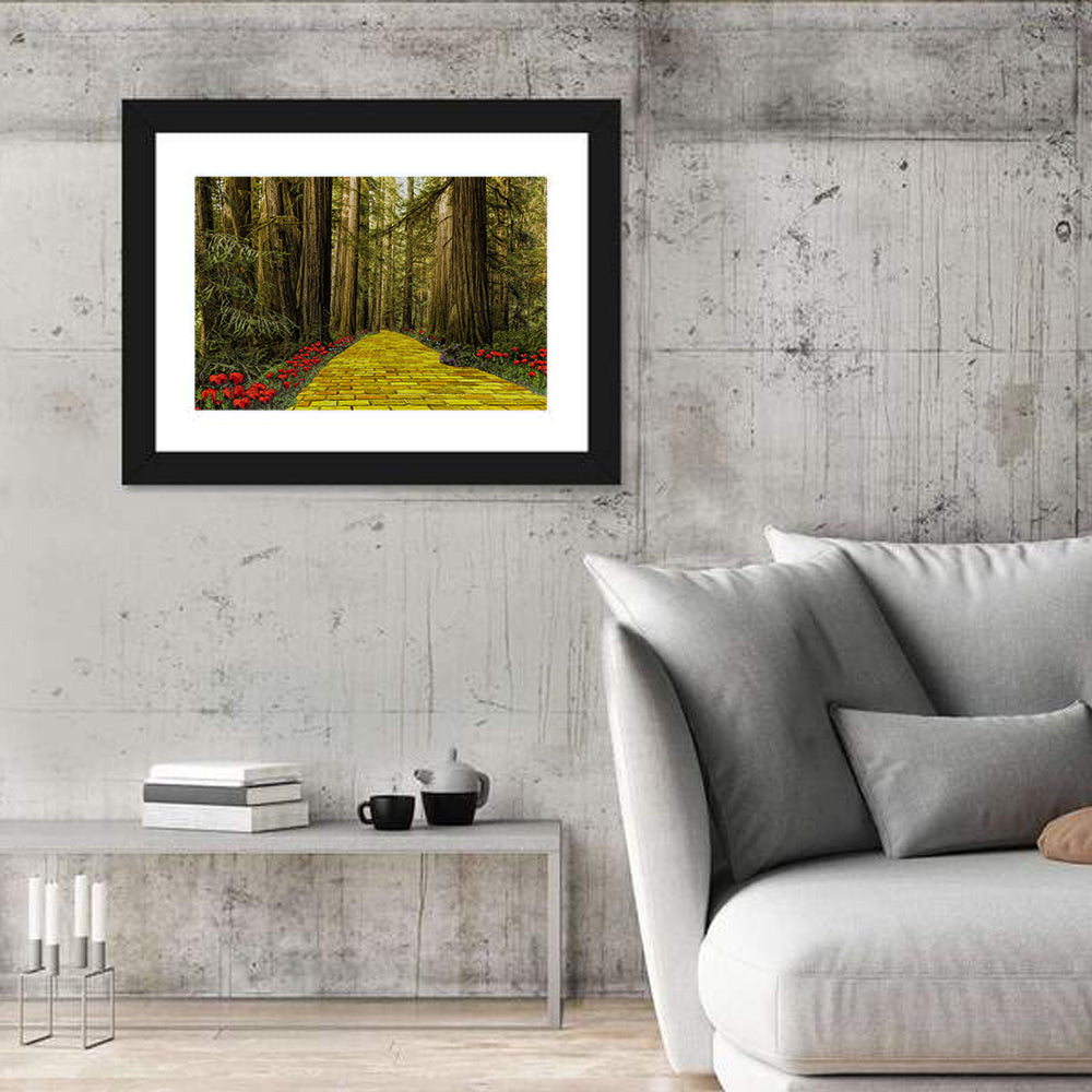 Yellow Brick Path Through Redwoods Wall Art in a room, landscape