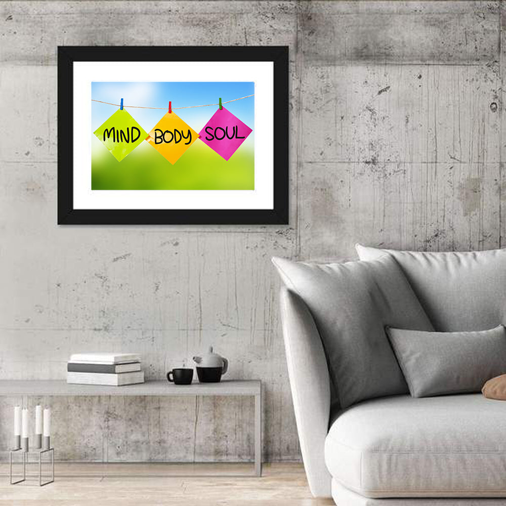 Mind Body Soul Paper Trio Wall Art in a room, landscape