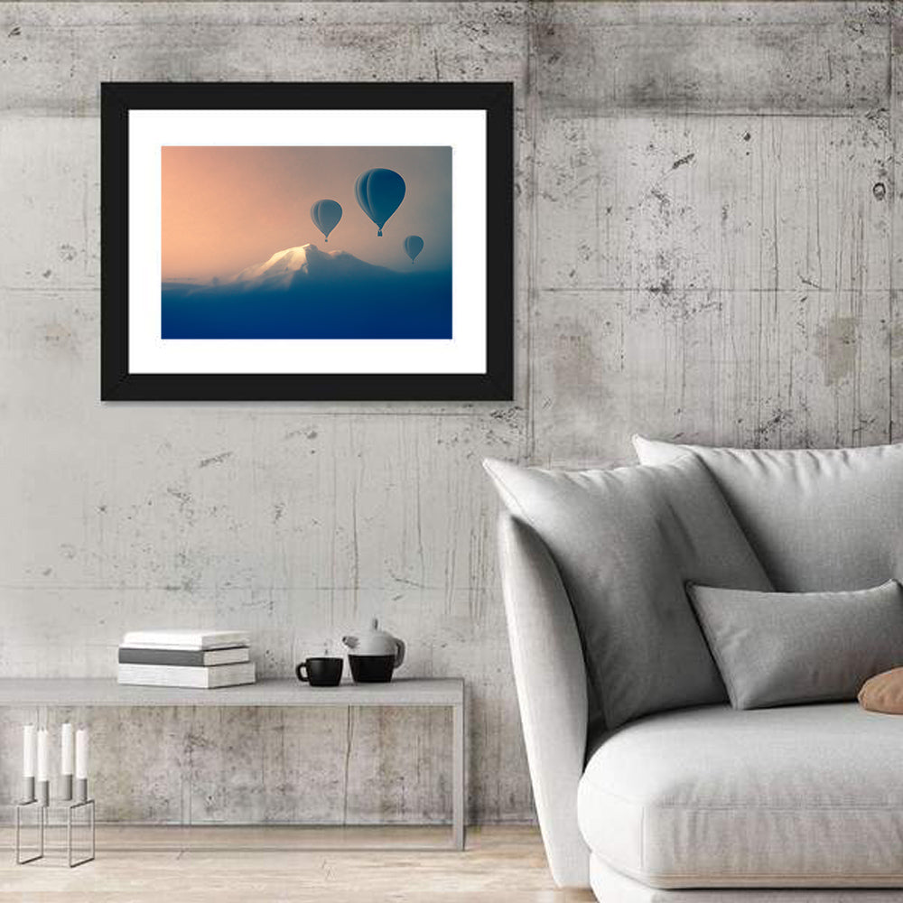 Three Hot Air Balloons Over Misty Peak Wall Art in a room, landscape