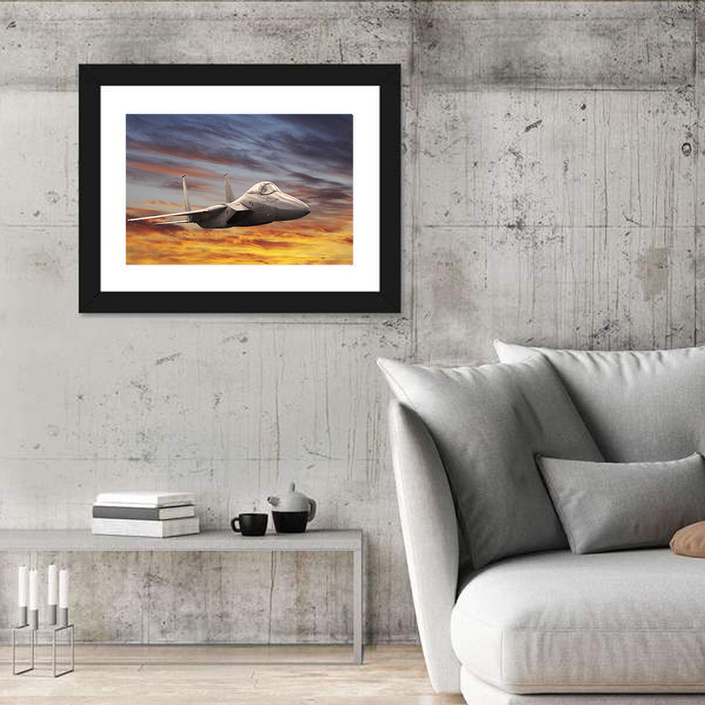 Sunset Fighter Jet Wall Art in a room, landscape