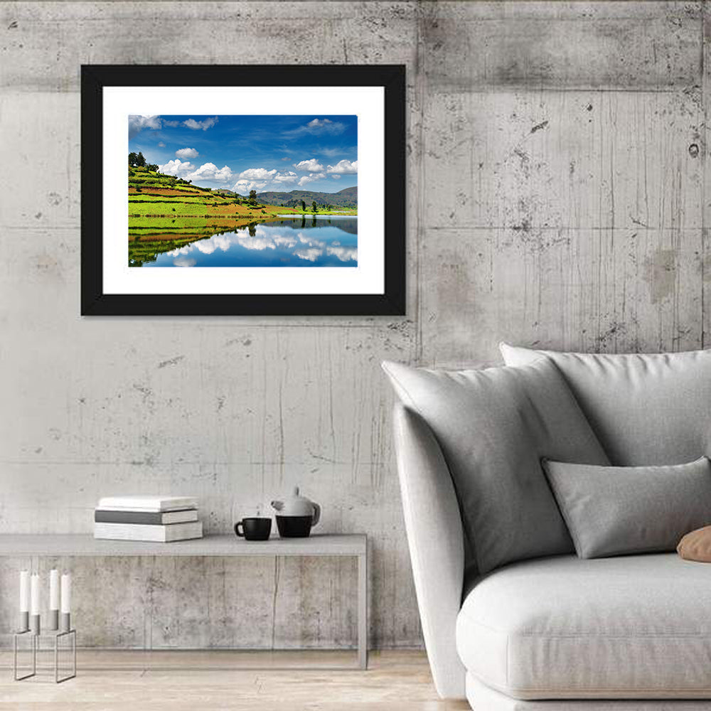 Bunyonyi Lake Reflection Wall Art in a room, landscape