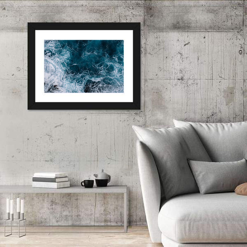 Aerial Swirling Ocean Waves Wall Art in a room, landscape