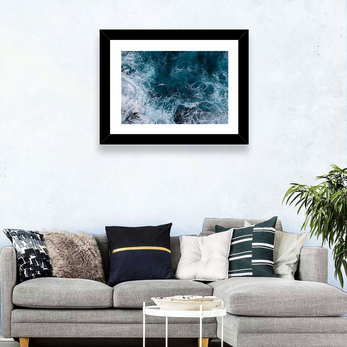 Aerial Swirling Ocean Waves Wall Art in a room, landscape