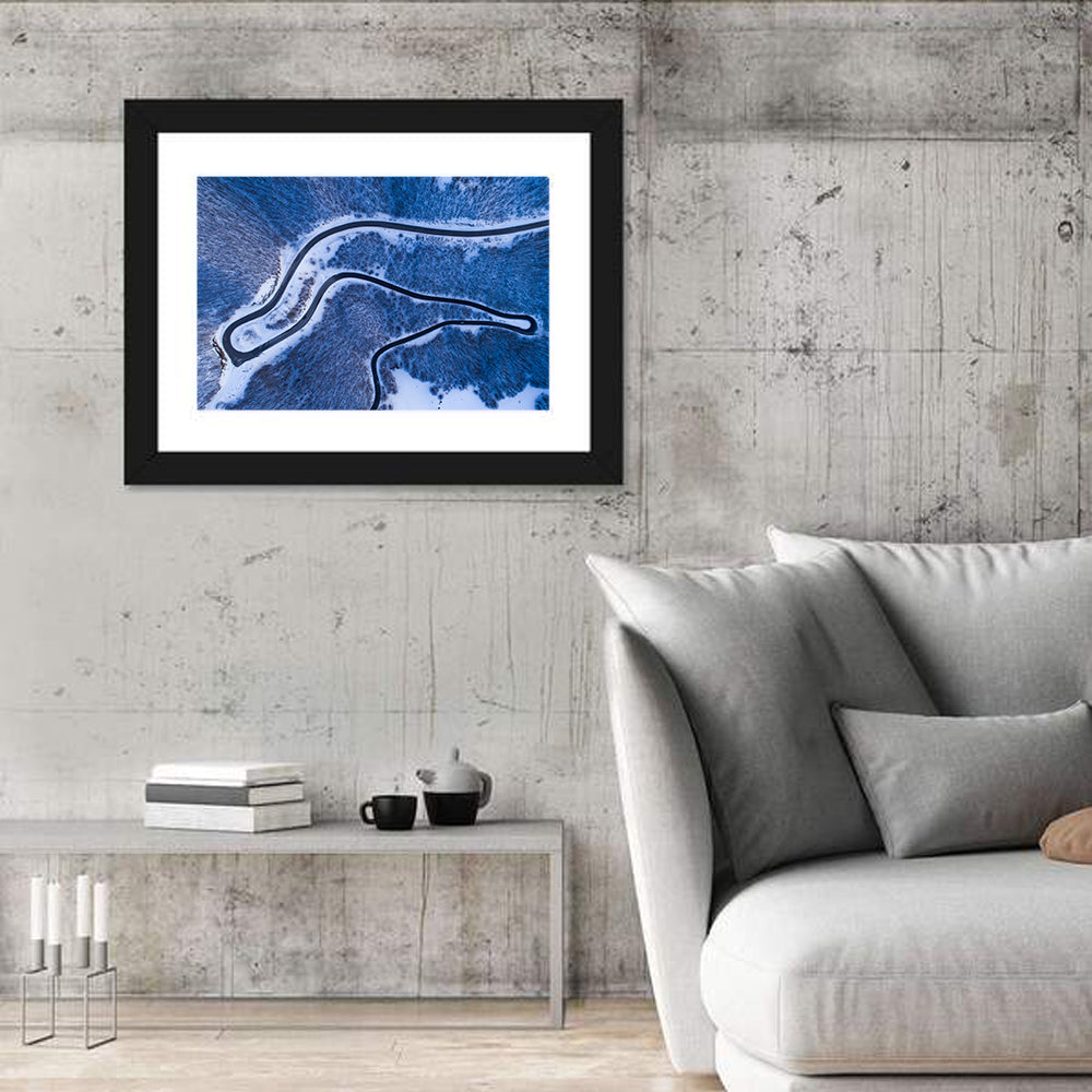 Montenegro Snowy Mountain Road Wall Art in a room, landscape