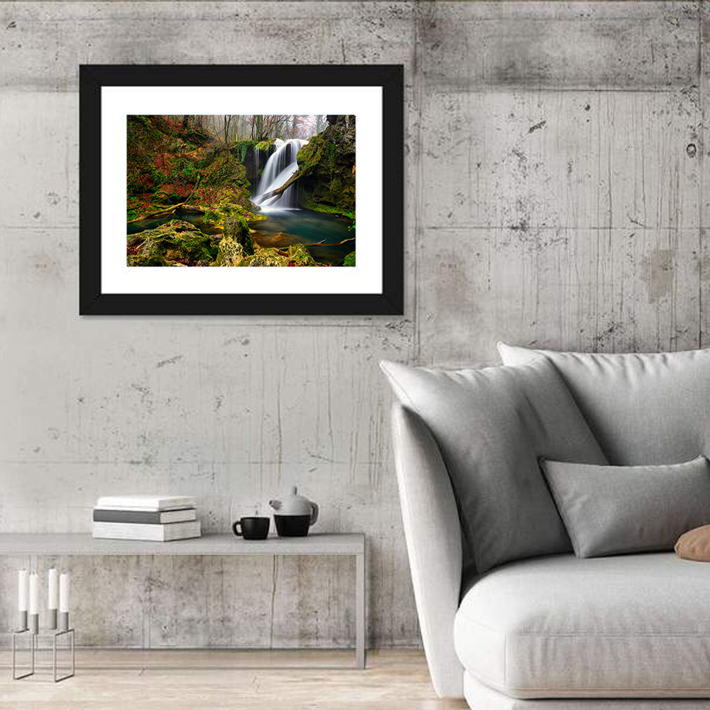 Cheile Nerei Mossy Waterfall Wall Art in a room, landscape