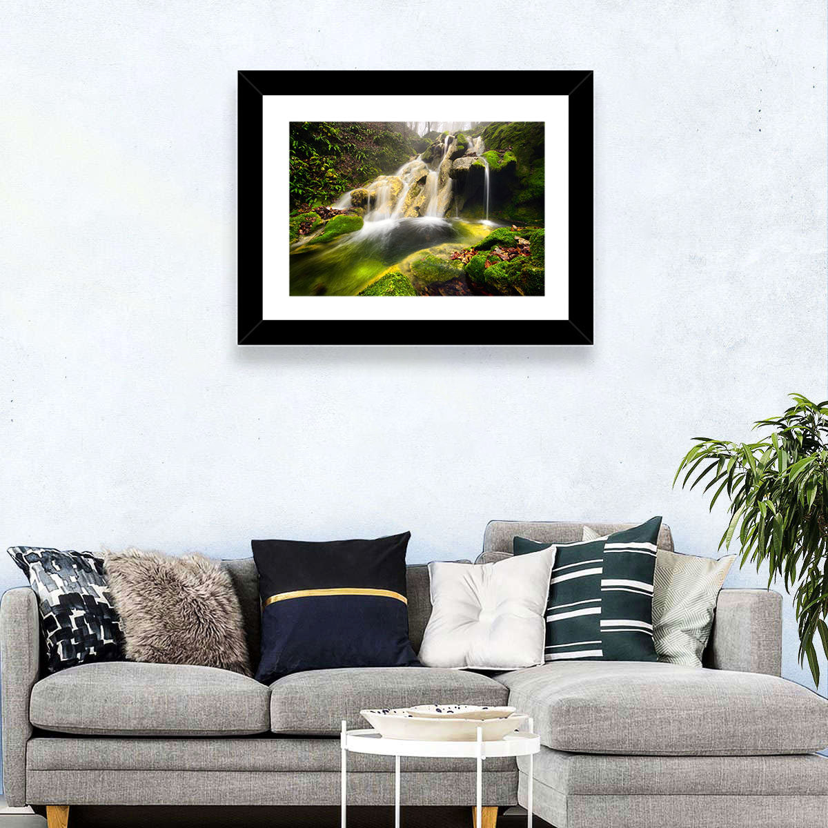 Cheile Nerei Mossy Waterfall Wall Art in a room, landscape