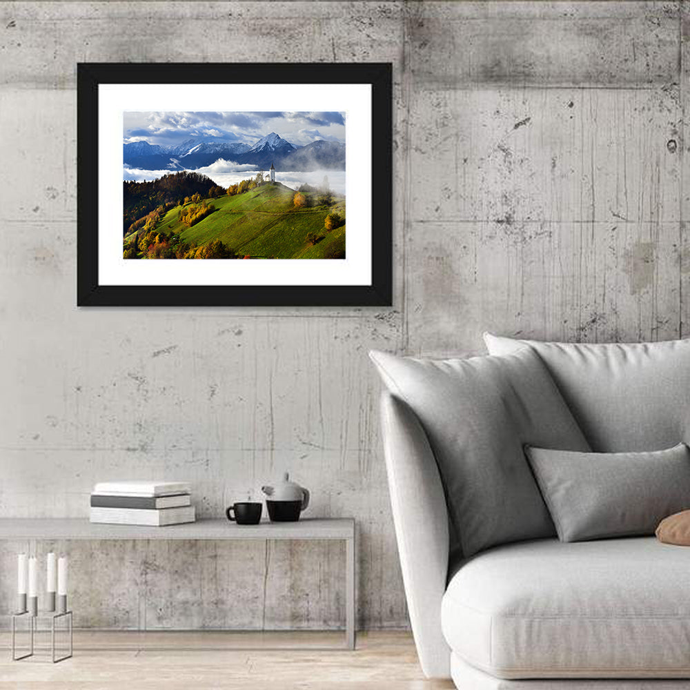 Jamnik Church on Misty Hill Wall Art in a room, landscape