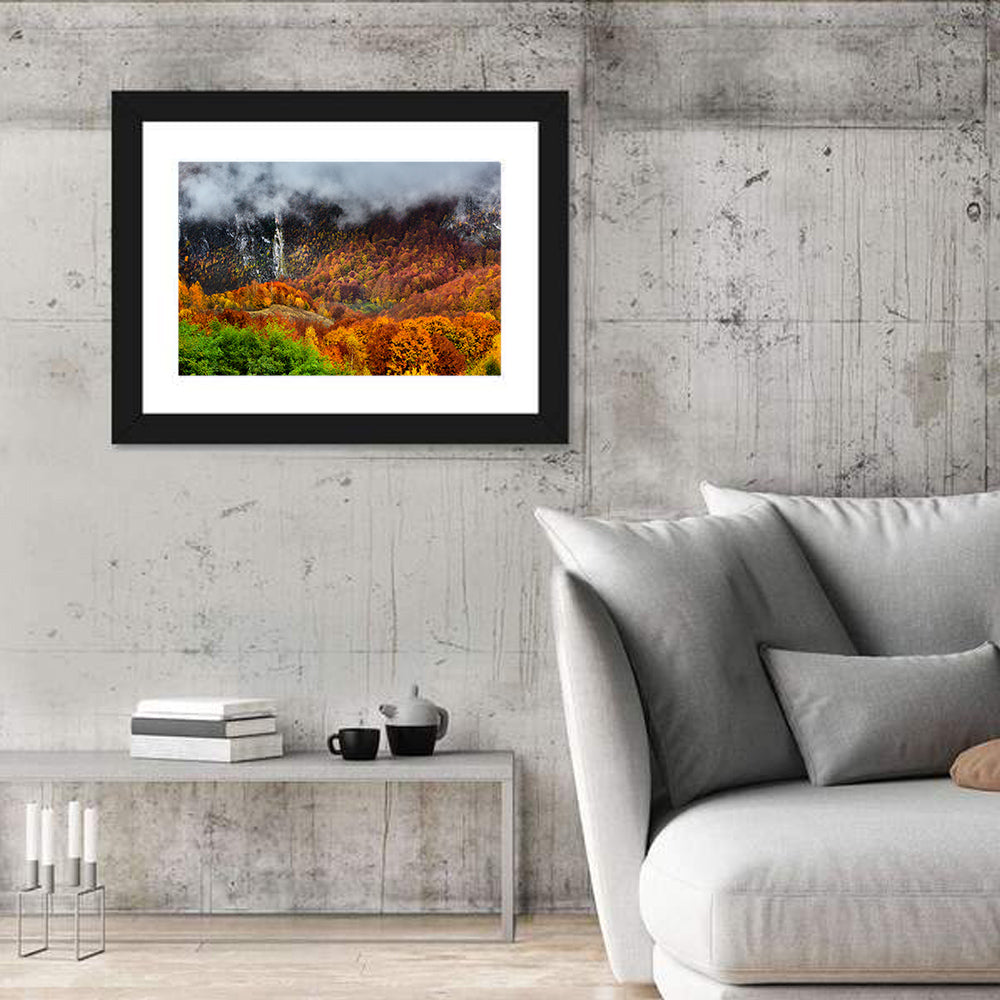 Misty Carpathian Autumn Wall Art in a room, landscape