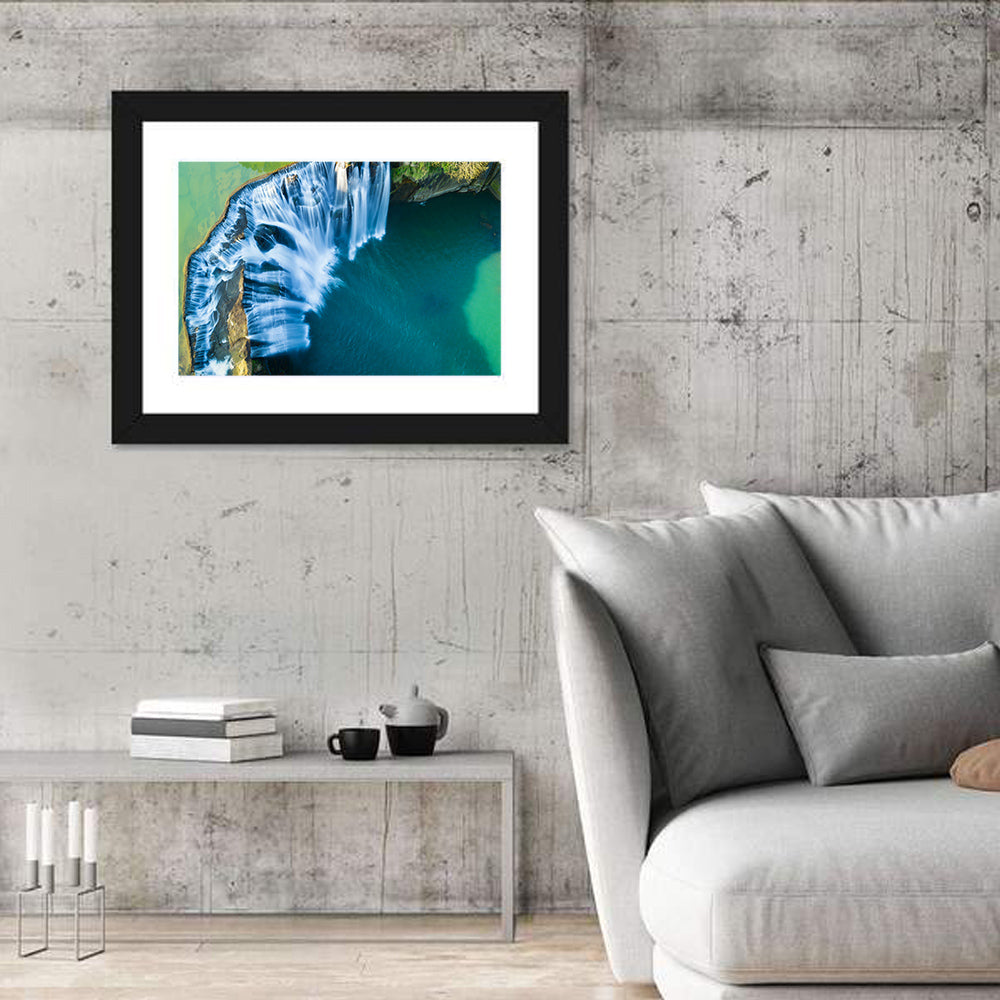 Shifen Waterfall Aerial Wall Art in a room, landscape