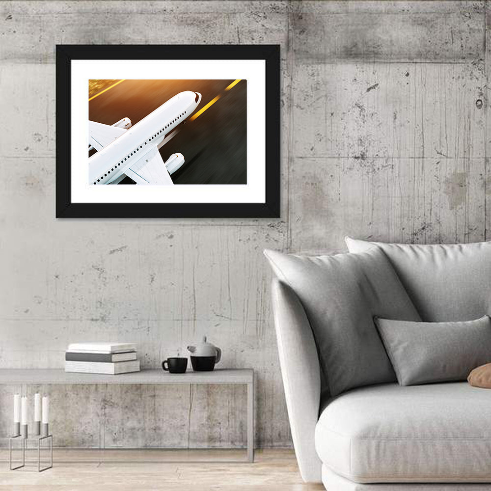 Commercial Jet Takeoff at Sunset Wall Art in a room, landscape