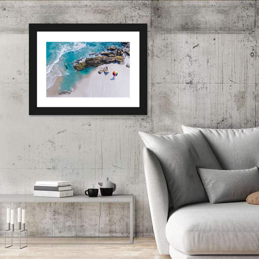 Aerial Beach with Rainbow Umbrella Wall Art in a room, landscape