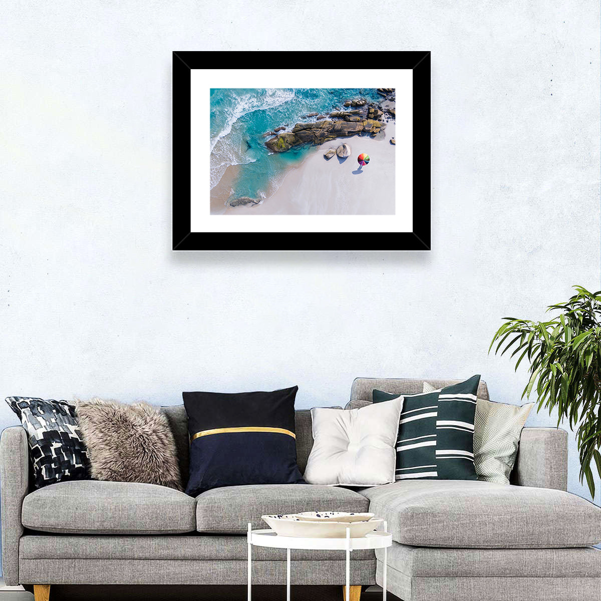 Aerial Beach with Rainbow Umbrella Wall Art in a room, landscape