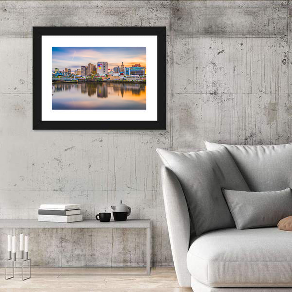 Providence Skyline at Golden Hour Wall Art in a room, landscape