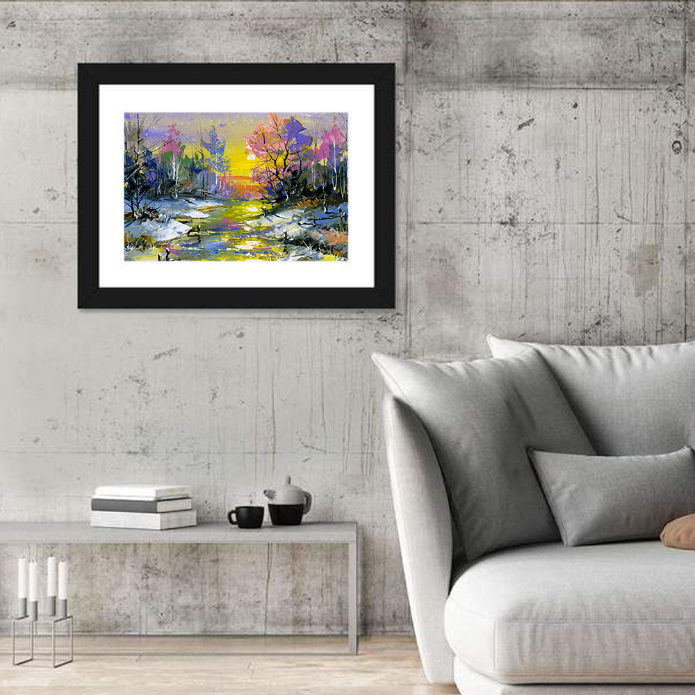 Golden Sunset Over Snowy Stream Wall Art in a room, landscape