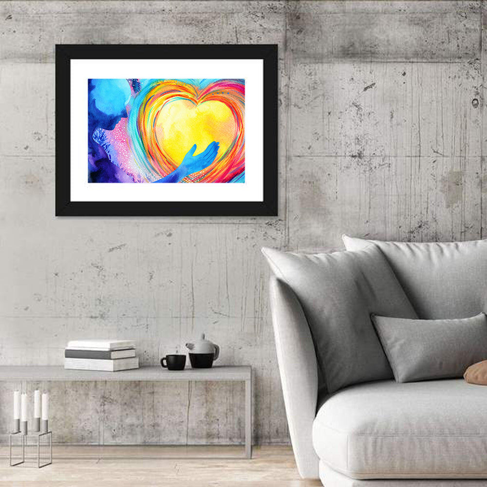 Blue Silhouette with Radiant Heart Wall Art in a room, landscape