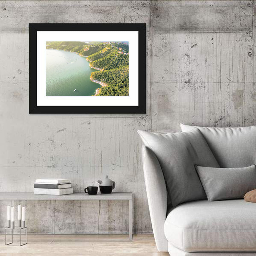 Lake Travis Aerial View Wall Art in a room, landscape