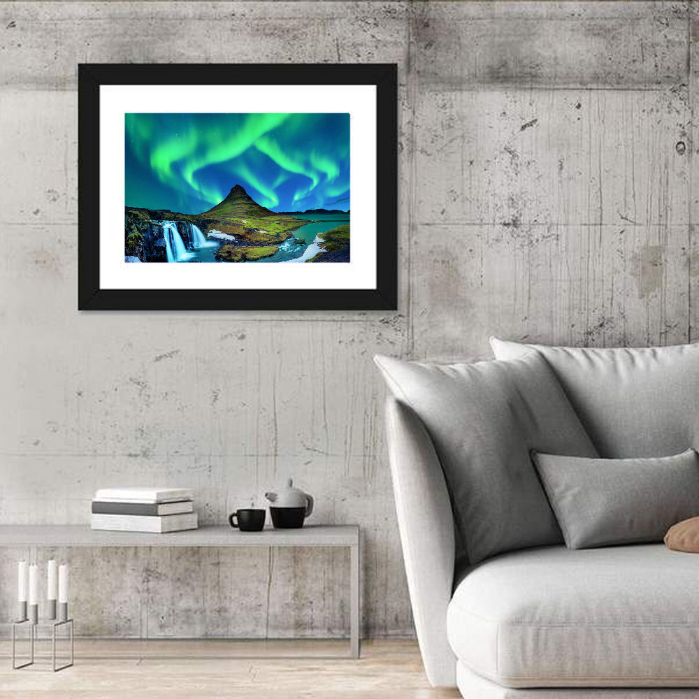 Kirkjufell Northern Lights Wall Art in a room, landscape