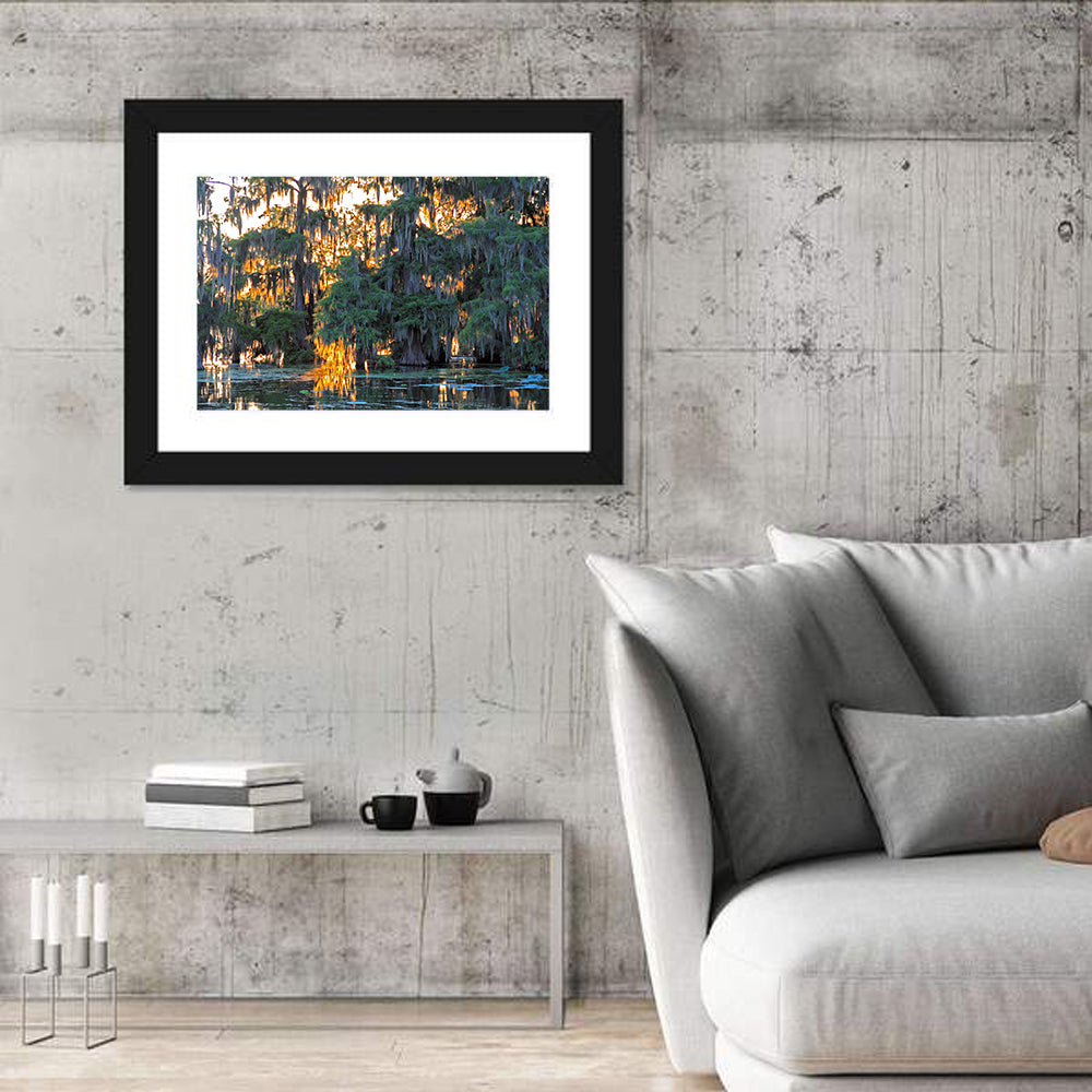 Lake Martin Cypress Reflection Wall Art in a room, landscape