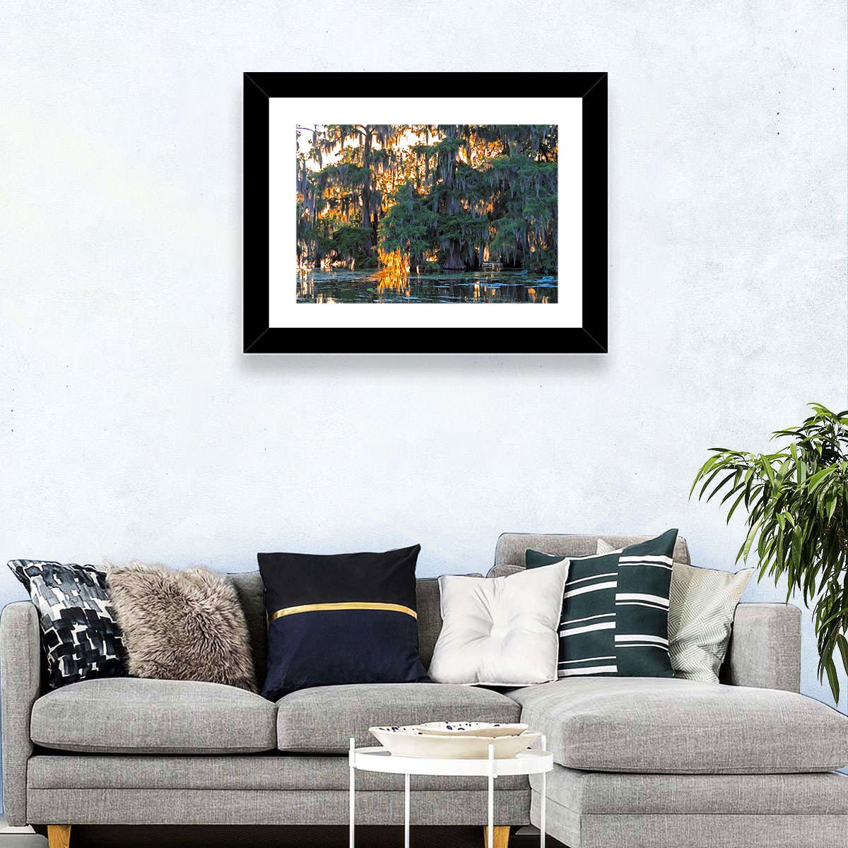 Lake Martin Cypress Reflection Wall Art in a room, landscape