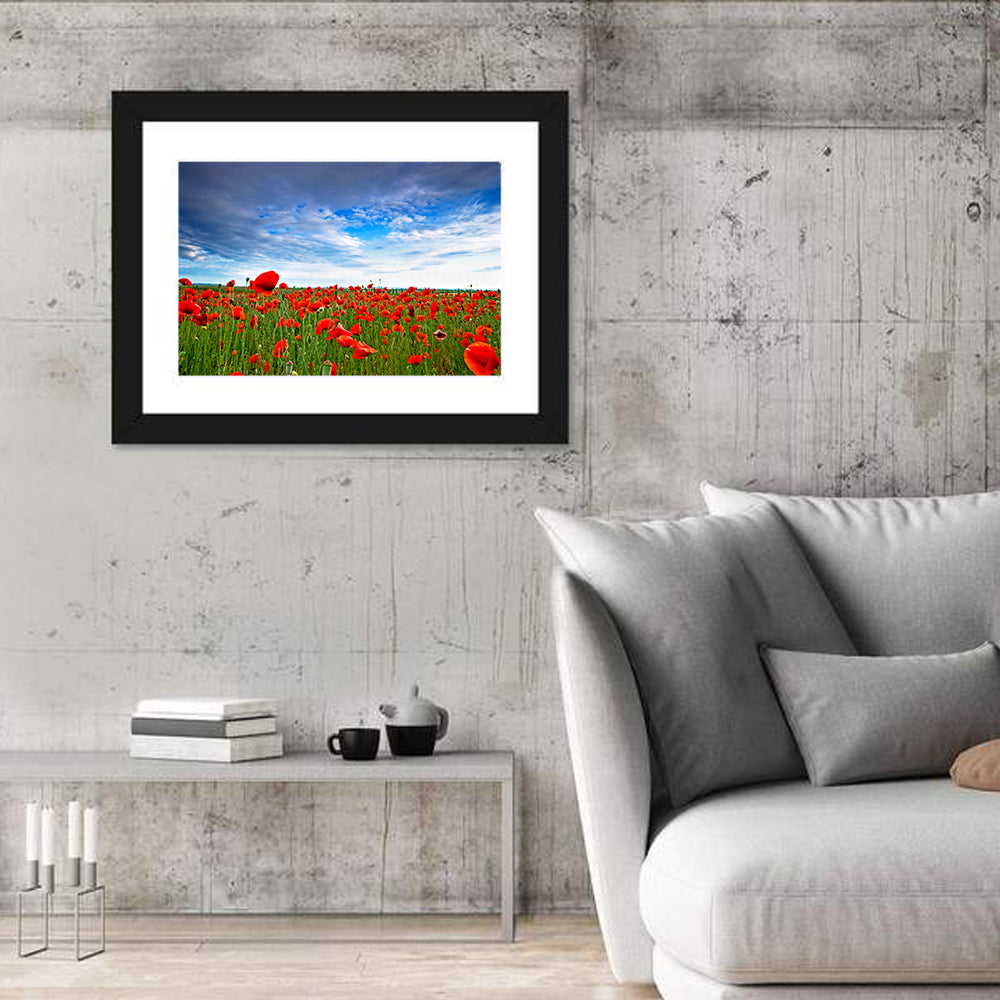 Red Poppy Field Wall Art in a room, landscape