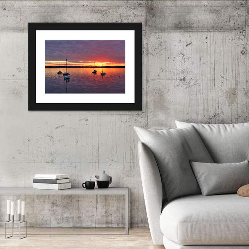 Lake Mendota Sailboats at Sunset Wall Art in a room, landscape