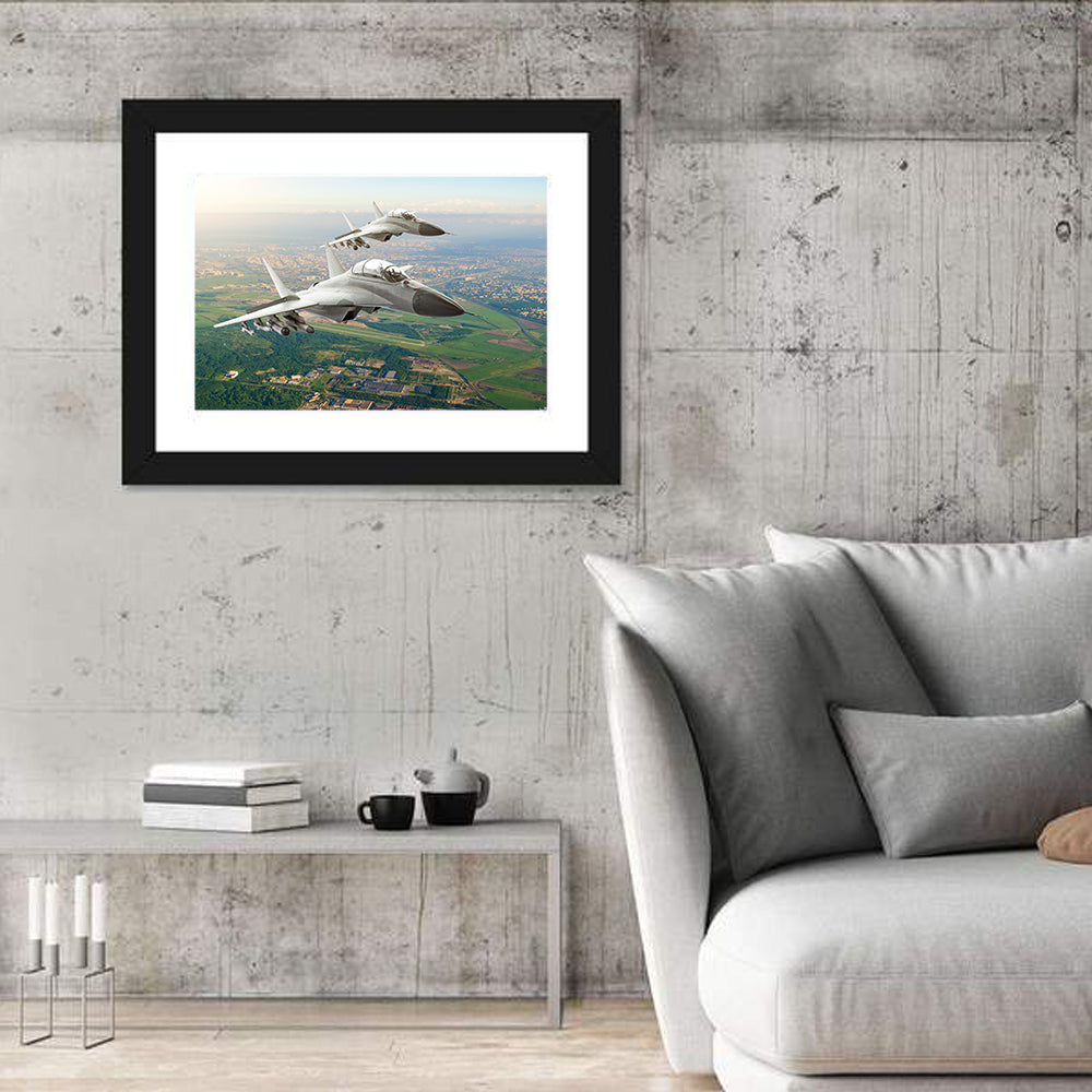 Twin Fighter Jets Over Cityscape Wall Art in a room, landscape