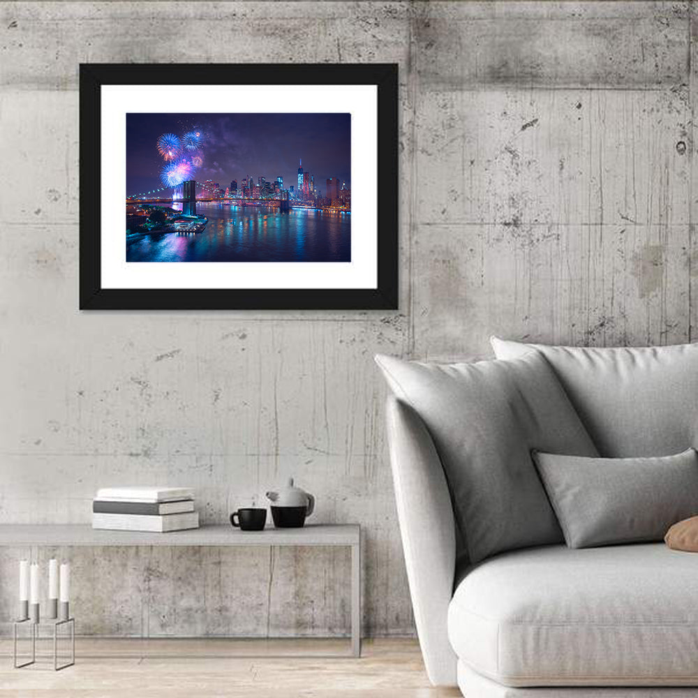 Fireworks Over Brooklyn Bridge Wall Art in a room, landscape
