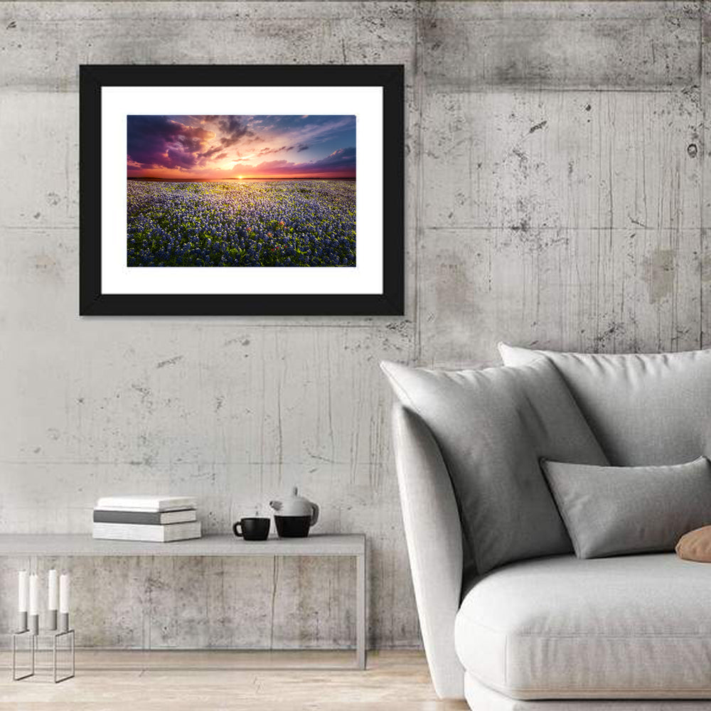 Texas Bluebonnet Sunset Wall Art in a room, landscape
