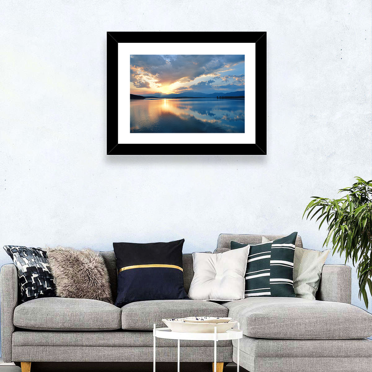 Golden Hour Lake Reflection Wall Art in a room, landscape