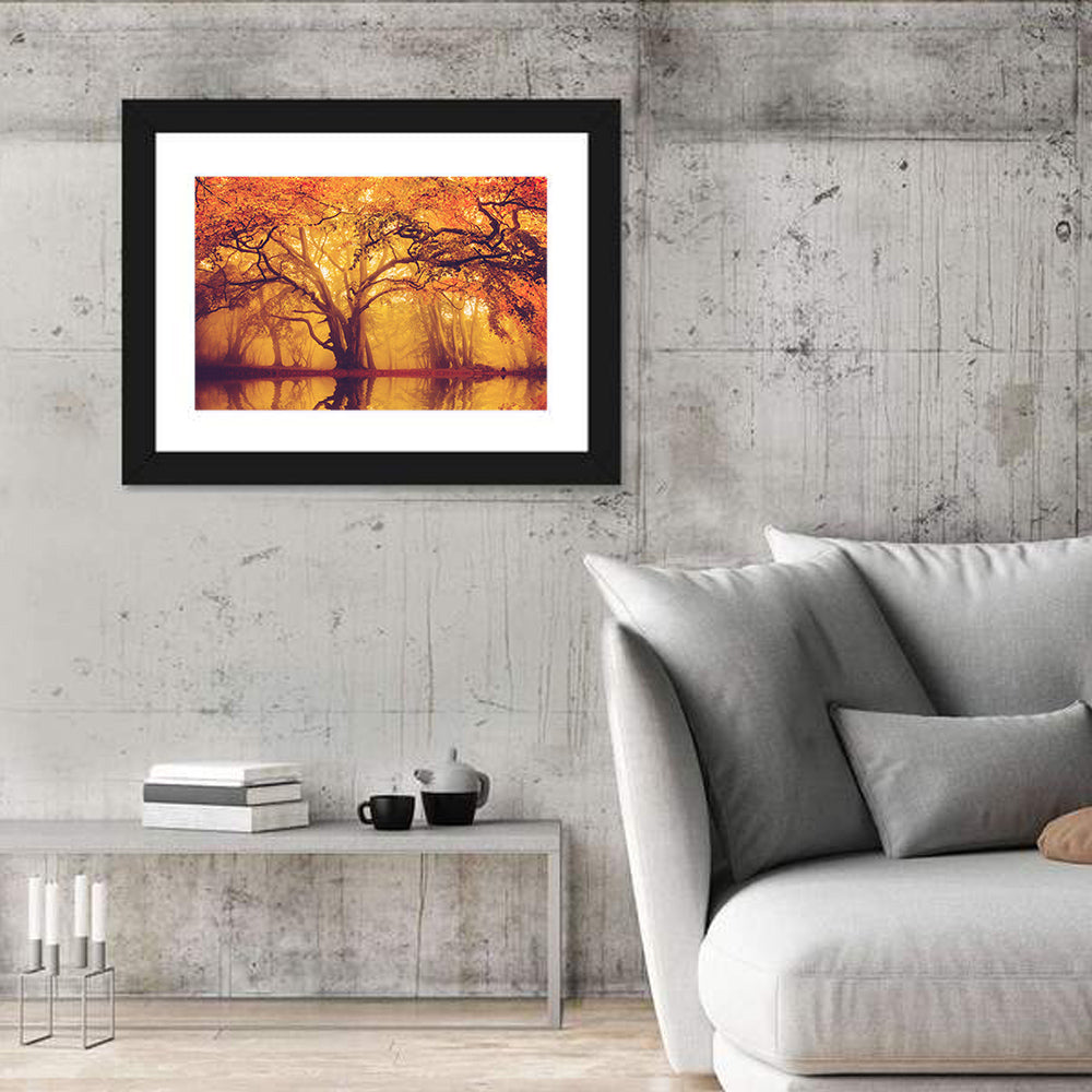 Golden Mist Forest Reflection Wall Art in a room, landscape