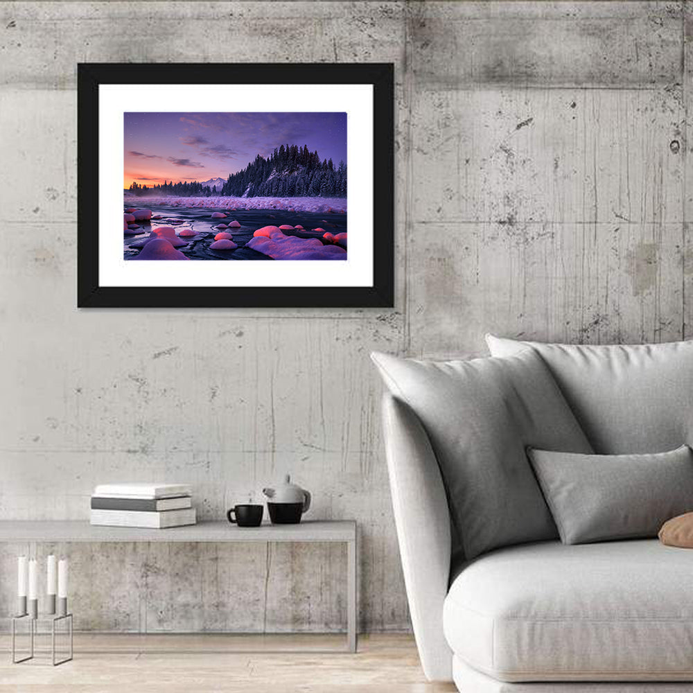 Twilight River and Snowy Pines Wall Art