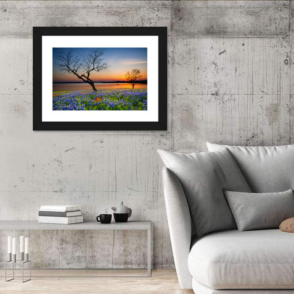 Texas Bluebonnet Sunset Wall Art in a room, landscape