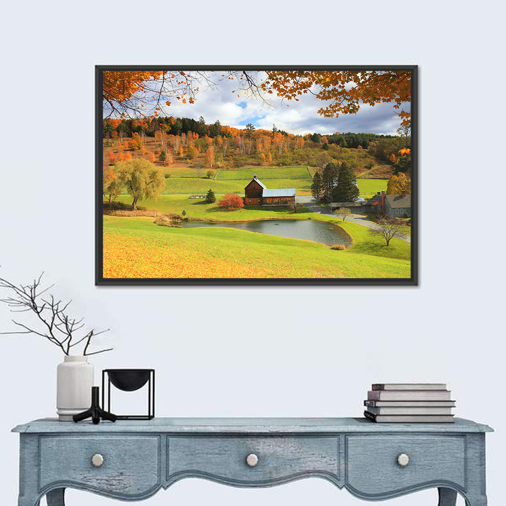 Vermont Barn by Pond Wall Art in a room, landscape
