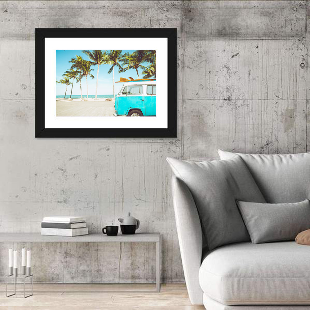 Vintage Vw Bus on Tropical Beach Wall Art