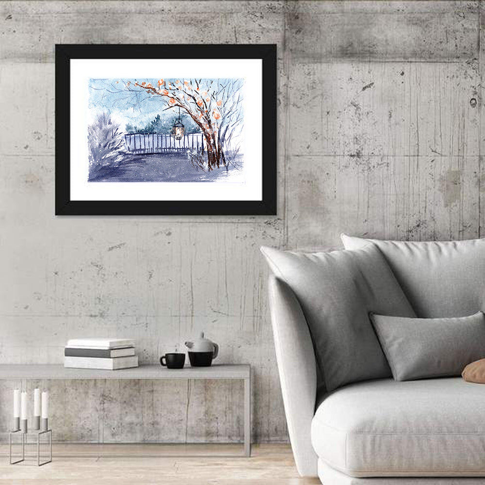 Countryside Winter Lantern Illustration Wall Art