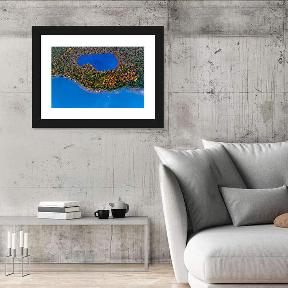 Autumn Forest Lake Wall Art in a room, landscape